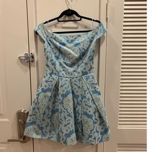 Topshop Embroidered Fit and Flare Blue/White Dress